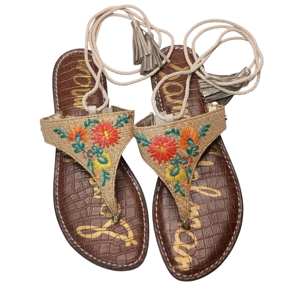 Sam Edelman Geri 3 Floral Embroidered Braided Tie Up Sandals SKUW671 - Picture 2 of 6